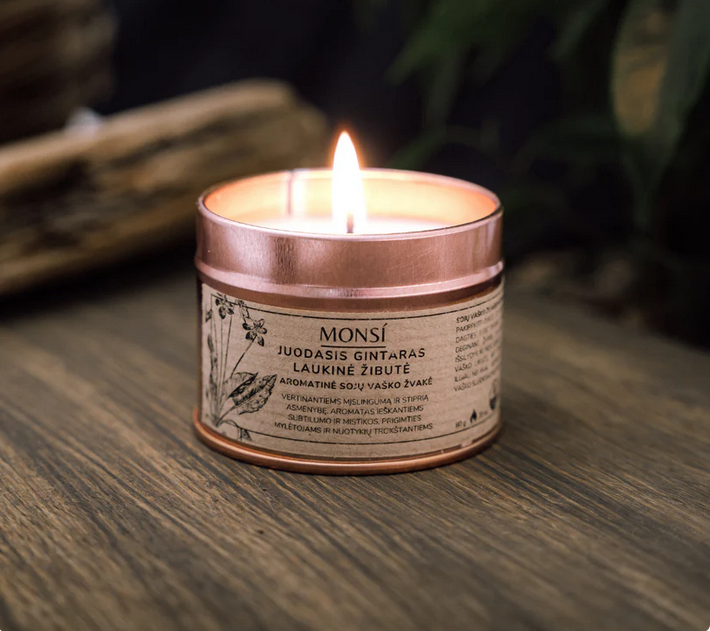 100ml. Aromatinė žvakė Juodasis gintaras + laukinė žibutė